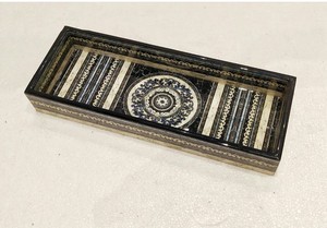 <b>Round</b> Wood Decorative <b>Tray</b> With Marble Pattern And Leaf Design Rustic Style Single Piece - Product Image 3