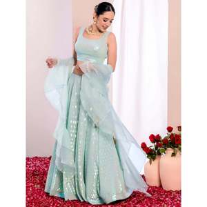Robe de soirée bleu ciel brodée en georgette, Lehenga Choli pour réception - Product Image 4