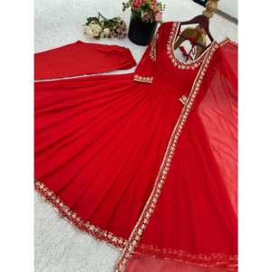 NSR Designer Women's <b>Red</b> Party Wear <b>Set</b> Top-Plazzo and Dupatta with Embroidery Work Size M - Product Image 5
