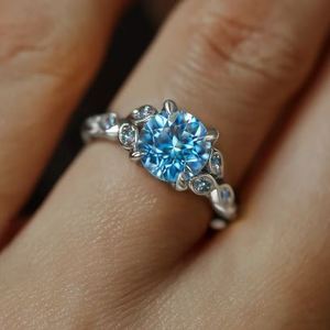 Anillo de compromiso, aniversario y boda de lujo con topacio azul de corte redondo, plata de ley 925, chapado en oro de 14 quilates, anillo de piedras preciosas para mujer - Product Image 5