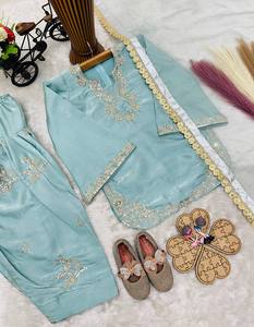 Trending Launching New Designer Girls Children Party Wear Wrinkle Free Stretchable <b>Top</b> & Farshi Palazzo & Dupatta Set - Product Image 5