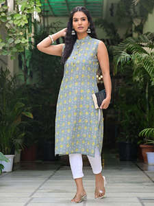 Kurti de Algodón para Mujer, Estampado Floral, Sin Mangas, Informal, Estilo Étnico Indio, de Secado Rápido, con Cuello Mandarín - Product Image 4