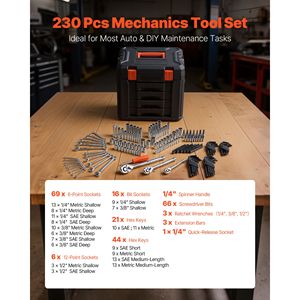 Set di Attrezzi per Riparazione Auto 230 Pezzi, Chiavi e Cacciaviti SAE/Metrici da 1/4, 3/8 e 1/2 Pollici - Product Image 3