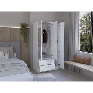 Armoire blanche Riverside à 3 portes avec miroir à l'avant, 2 tiroirs, 4 étagères et tige de suspension Armoire élégante Design - Product Image 2