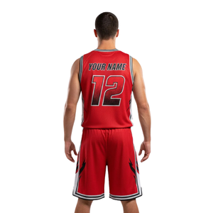 Conjunto de uniforme de baloncesto para hombre, camiseta sin mangas con cuello redondo, pantalones cortos a juego, franja lateral en contraste, nombre del equipo impreso, número, kit de equipo para adultos - Product Image 2