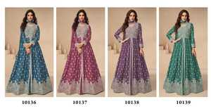 Robe Anarkali Salwar Kameez pour femme, style indien pakistanais, bleue, brodée, longue, coupe trapèze, en satin, séchage rapide, avec dupatta - Product Image 3