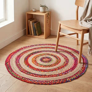 Tapis de salle à manger rond en jute tressé de designer avec des anneaux colorés - Product Image 1