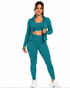 Wholesale Custom 3 Piece Yoga Set Women Gym Fitness <b>Workout</b> Leggings Crop Top <b>Jacket</b> Soft Stretch Quick Dry Activewear Sports - Product Image 1