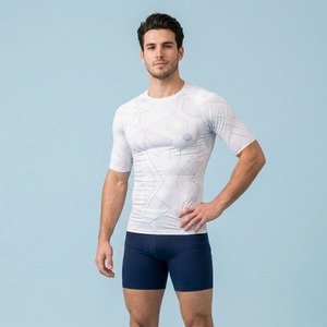 Camiseta Deportiva de Compresión para Hombre, Blanca, con Patrón Geométrico, Manga Corta, Cuello Redondo, Secado Rápido, Ajuste Atlético - Product Image 1