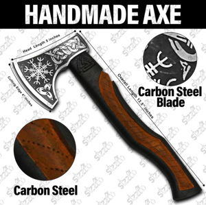 Custom Hand Forged High Carbon Steel Viking <b>Bearded</b> Axe Engraved Vegvísir Symbol with Two-Tone Wooden Handle with Leather Sheath - Product Image 4