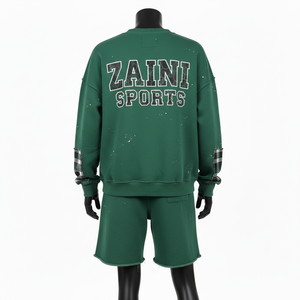 Conjunto de Sudadera y Pantalones Cortos de Felpa de Algodón y Poliéster de 320 GSM para Mujer, Color Verde Claro, Estampado de Grafiti en Toda la Superficie, Logotipo Sublimado - Product Image 5