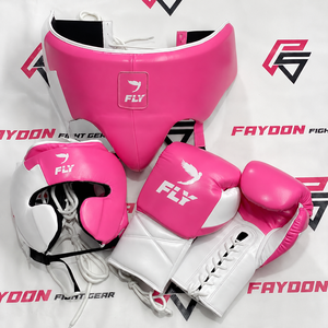 Set de Boxeo FLY X Superlace Fly, Color Rosa y Blanco, Guantes de Entrenamiento de Cuero Genuino, Correa Ajustable, Protector de Cabeza y Protector Inguinal - Product Image 1