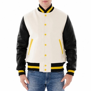 Blouson universitaire pour homme noir à manches contrastantes, col rabattu, fermeture boutonnée, style décontracté, coupe classique, automne - Product Image 1