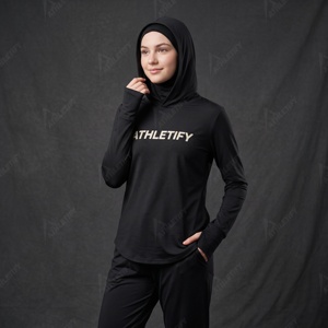 Active Muslim <b>Women</b> Hoodjab with <b>Running</b> Thumbhole Cuffs Built In Hijab <b>Cap</b> Moisture Wicking Workout Top Customizable Brand Plan - Product Image 1