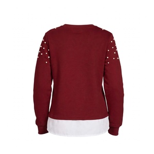 <b>Red</b> Maroon Beaded Pearl Embellished Crew neck Sweatshirt <b>Women</b> Winter Casual Fashion Long Sleeve Fake Two Piece Hem Fleece - Product Image 2