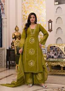 ชุดคุर्ติผ้าฝ้ายปักลายสีเขียวมะกอกแบบดั้งเดิมสำหรับผู้หญิง พร้อมกางเกงและผ้าคลุมไหล่ ทรงปกติ ความยาวระดับเข่า แห้งเร็ว ใส่ได้ทุกฤดู จากอินเดีย - Product Image 5