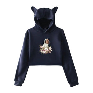 Sweat-shirt à capuche court personnalisé avec broderie, oreilles de chat et imprimé chat endormi, rouge, décontracté, unisexe, pour l'automne, sweat-shirts pour femmes - Product Image 5