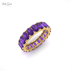 Anillo de Eternidad con Gema de Amatista Auténtica de Corte Ovalado de 5x3mm, en Oro Amarillo Fino de 14k, para Aniversario o Boda, de Proveedores Verificados - Product Image 1