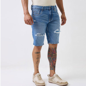 Shorts Bermuda en jean déchiré bleu clair pour homme, taille mi-haute, fermeture éclair, style urbain, en coton tissé respirant, coupe ajustée, séchage rapide - Product Image 6