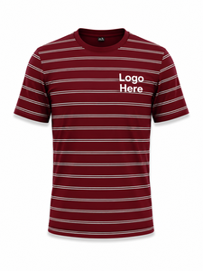 Men's Maroon Striped Short Sleeve T-<b>Shirt</b> O-Neck Regular Fit Breathable Casual Knitted <b>100</b>% <b>Polyester</b> Printed Front Logo - Product Image 1
