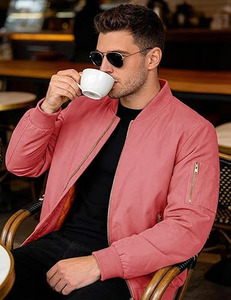 <b>Men</b>’s Essential Statement Bomber – Classic MA-1 Silhouette in <b>Soft</b> Pink with Premium Brass Hardware Softshell <b>Jacket</b> - Product Image 4