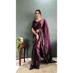 ชุดใส่ทำงานผ้าไหมผ้าซาตินพร้อมใส่เสื้อส่าหรีพร้อมเย็บติดเสื้อไวน์ดีไซน์เนอร์ - Product Image 1