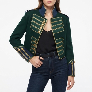 Veste de parade cérémonielle ajustée pour femme, style hussard, vert doré tressé, avec garniture marine, style napoléonien - Product Image 3