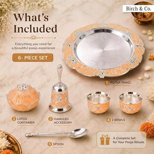 Ensemble de thali religieux plaqué argent avec deux tasses et couvercle, plateau circulaire en métal pour usage cérémoniel, design durable - Product Image 5