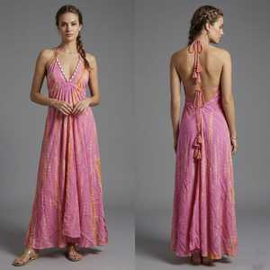 Pink Floral Rayon Maxi <b>Dress</b> V-neck Loose Boho Chiffon Summer <b>Beach</b> Casual Women's <b>Long</b> Sleeveless Asymmetrical Hem Tie Dye - Product Image 2