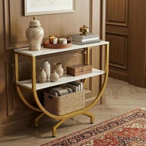 Table basse moderne avec plateau en marbre et structure en métal doré, étagère de rangement gain de place, mobilier de salon au design contemporain - Product Image 1