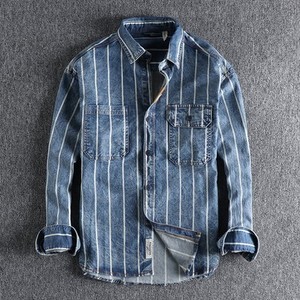 Chemise décontractée pour homme en denim tendance 2024, col rabattu, couture ouverte, rayée, bleu 1 - Product Image 2