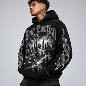 Sweat-shirt à capuche oversize pour homme, imprimé lettres en strass, style hip-hop, manches flamme noires, prix abordable, personnalisable OEM - Product Image 6