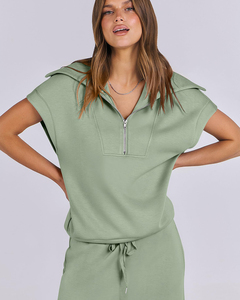 Conjunto de 2 Piezas para Mujer, Cuello Redondo, Top de Manga Corta con Media Cremallera + Pantalones Anchos, Ropa Deportiva Informal Ligera para Uso Diario - Product Image 1