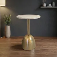 Table d'appoint moderne ronde en marbre blanc avec base en métal doré brossé, meuble d'appoint contemporain pour salon