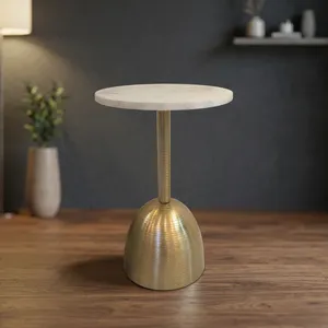 Modern <b>Round</b> White Marble Top Side <b>Table</b> with Brushed <b>Gold</b> Metal Pedestal Base Contemporary Accent Furniture for Living Room - Product Image 6