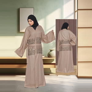 Abaya Holgada de Lino con Frente Abierto, Detalles de Lentejuelas Bordadas, Diseño con Cinturón, Elegante y Modesta, Larga hasta el Suelo, para Eid y Ramadán - Product Image 1