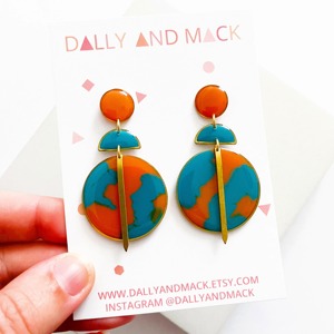 Pendientes de Resina de Moda, Redondos, con Diseño Marmoleado en Naranja y Azul, Hechos a Mano, Joyería de Plástico, Pendientes de Botón - Product Image 6