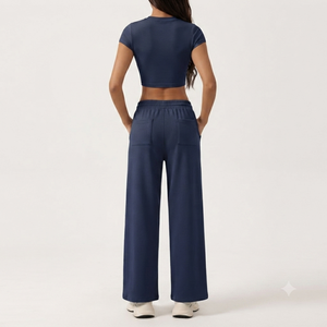 Conjunto Deportivo de Dos Piezas para Mujer, Color Azul Marino, Top Corto de Manga Corta, Pantalones Anchos de Pierna Ancha, Secado Rápido, Spandex/Nylon, para Gimnasio - Product Image 2