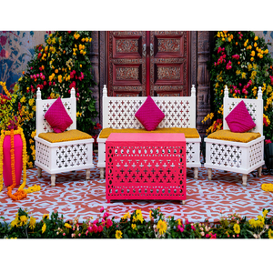 Stylish Moroccan Wedding <b>Bench</b> Set for Mehndi Decor Wholesale Modern White Finish Jali Work Wedding Stage Sofa Set Australia - Product Image 1