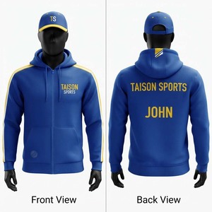 เสื้อแจ็คเก็ตฝึกซ้อมคริกเก็ตผ้าฟลีซโพลีเอสเตอร์/เรยอน พรีเมียม 330gsm สีน้ำเงิน-เหลือง พร้อมโลโก้สกรีนแบบกำหนดเอง - Product Image 1