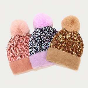 Gorros de Invierno Tejidos de Color Sólido con Lentejuelas y Peluche, Gorro de Lana con Bola de Pelo Desmontable - Product Image 2