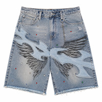 Shorts en jean tissé bleu glace avec strass Flame Wing pour homme, style baggy Y2K streetwear, avec applique chaîne et ourlet effiloché, été, faible MOQ