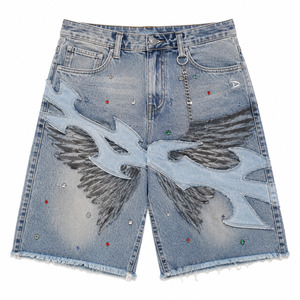 Flame wing rhinestone <b>ice</b> blue denim jorts men Namja baggy Y2K streetwear shorts applique chain <b>ring</b> frayed hem low MOQ - Product Image 2