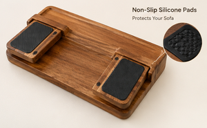 Plateau de service ottoman moderne pliable en bois d'acacia avec poignées réglables, porte-gobelet, fente pour téléphone et compartiment pour télécommande pour canapé - Product Image 4