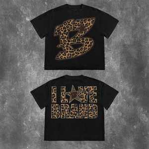 เสื้อยืดคอกลมแขนสั้นสำหรับผู้หญิงเสื้อกีฬาทรงหลวมพิมพ์ลายเสือดาวแฟชั่นยอดนิยม - Product Image 1