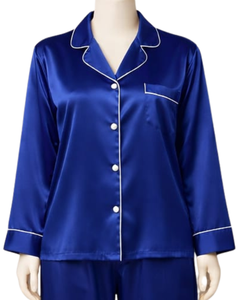 Conjunto de Pijama de Satén Azul Rey Personalizado para Mujer, Ropa de Dormir de Manga Larga con Botones, Estilo Seda, Conjunto de Dos Piezas Cómodo para Estar en Casa - Product Image 2