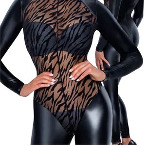 Mono de malla transparente con estampado animal negro para mujer, manga larga, cintura alta, largo completo, ropa de club, ajuste ceñido sexy - Product Image 5