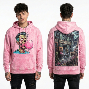 Candy Factory Zombie Graphic Hoodie Pink Bubblegum Wash Mens <b>Funky</b> Streetwear Pullover Custom Manufacturing Bulk Wholesale - Product Image 1