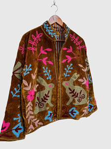 Brown Velvet Embroidered Rabbit Floral Jacket Full Sleeve Stand Collar Adult Women'<b>s</b> Autumn Wear Prairie Chic Style - Product Image 5
