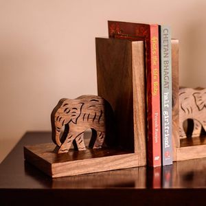 Wooden <b>Elephant</b> Hand Carved Engraved Book Holders Stand Decorative Bookends for Bookshelf Study Table Home <b>Decor</b> - Product Image 5